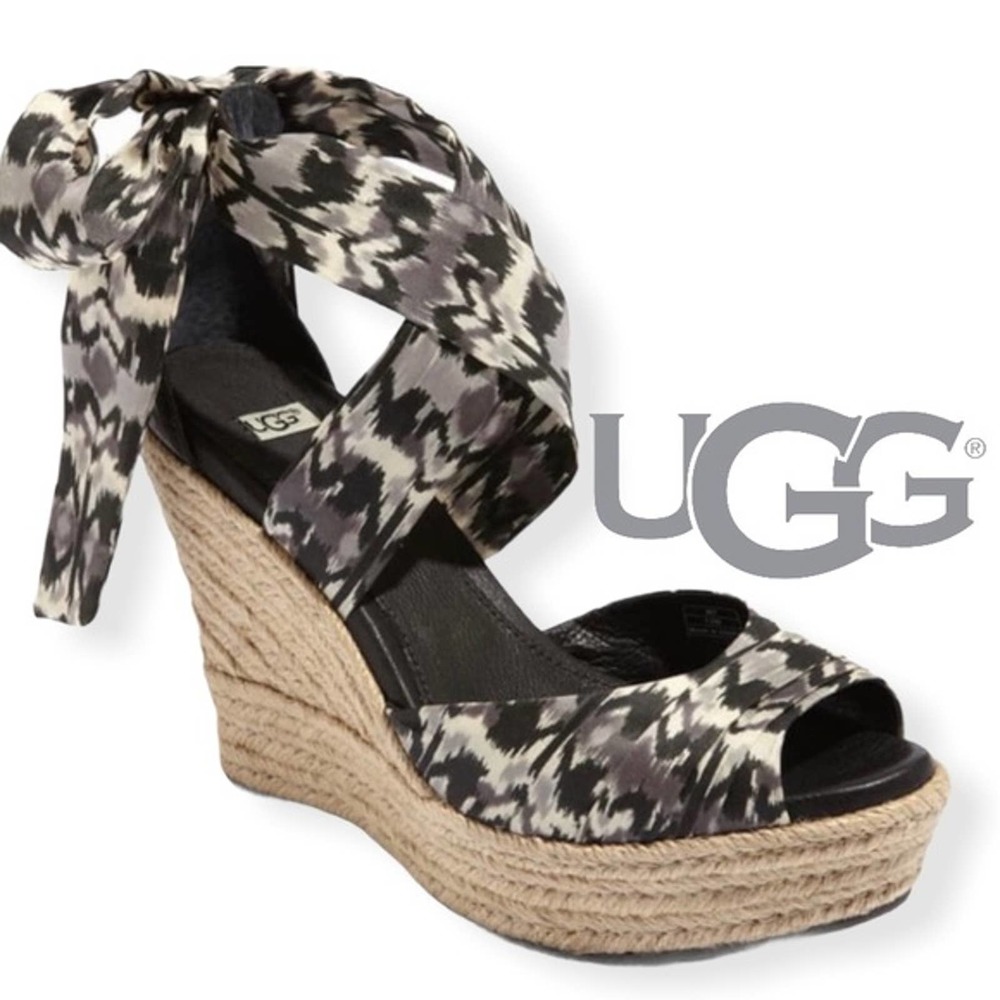 UGG Sz 7.5 LUCIANNA Platform Wedge Sandals, Silk Tie Upper - Picture 1 of 10